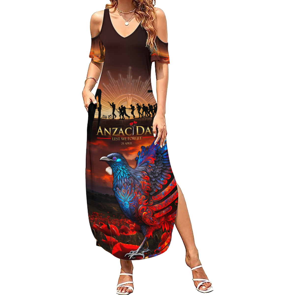 New Zealand Tui Bird Soldier ANZAC Family Matching Summer Maxi Dress and Hawaiian Shirt Lest We Forget LT03