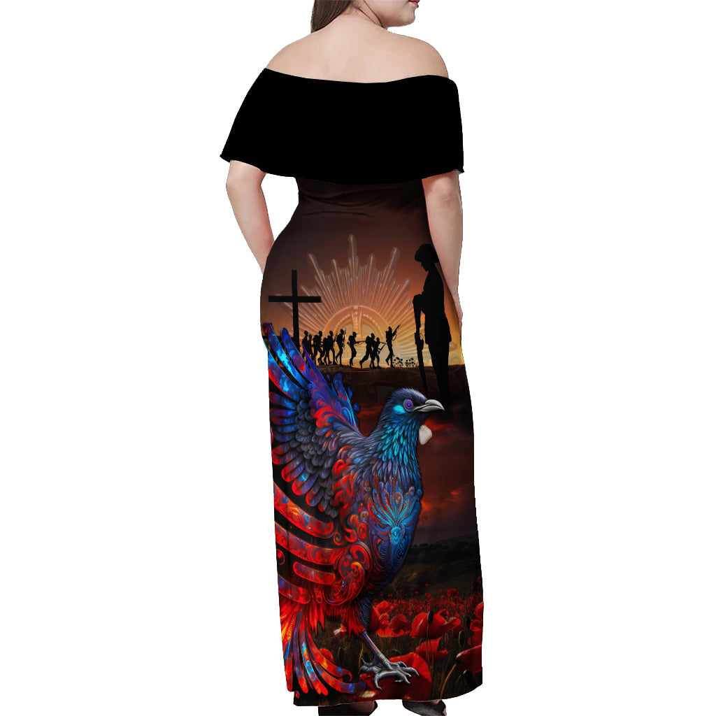 New Zealand Tui Bird Soldier ANZAC Off Shoulder Maxi Dress Lest We Forget LT03