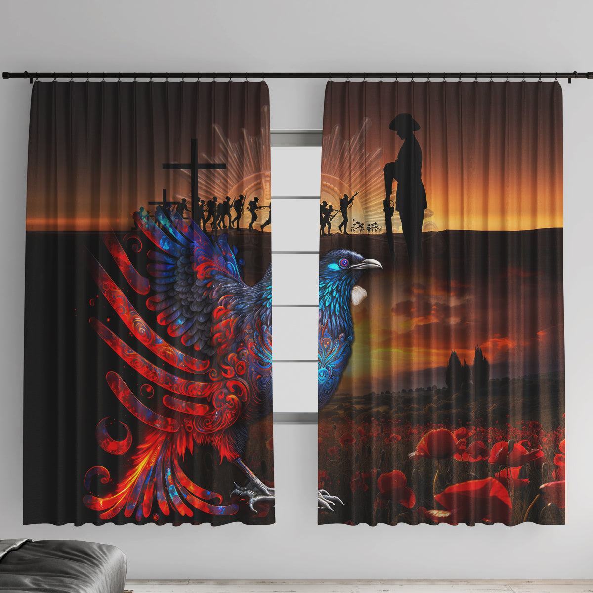New Zealand Tui Bird Soldier ANZAC Window Curtain Lest We Forget LT03 With Hooks Black - Polynesian Pride