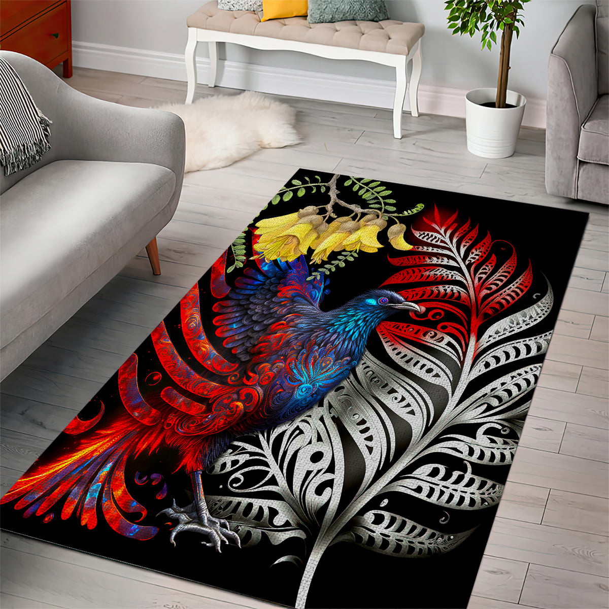New Zealand Kohwhai Tui Bird Area Rug Silver Fern Version LT03 - Polynesian Pride