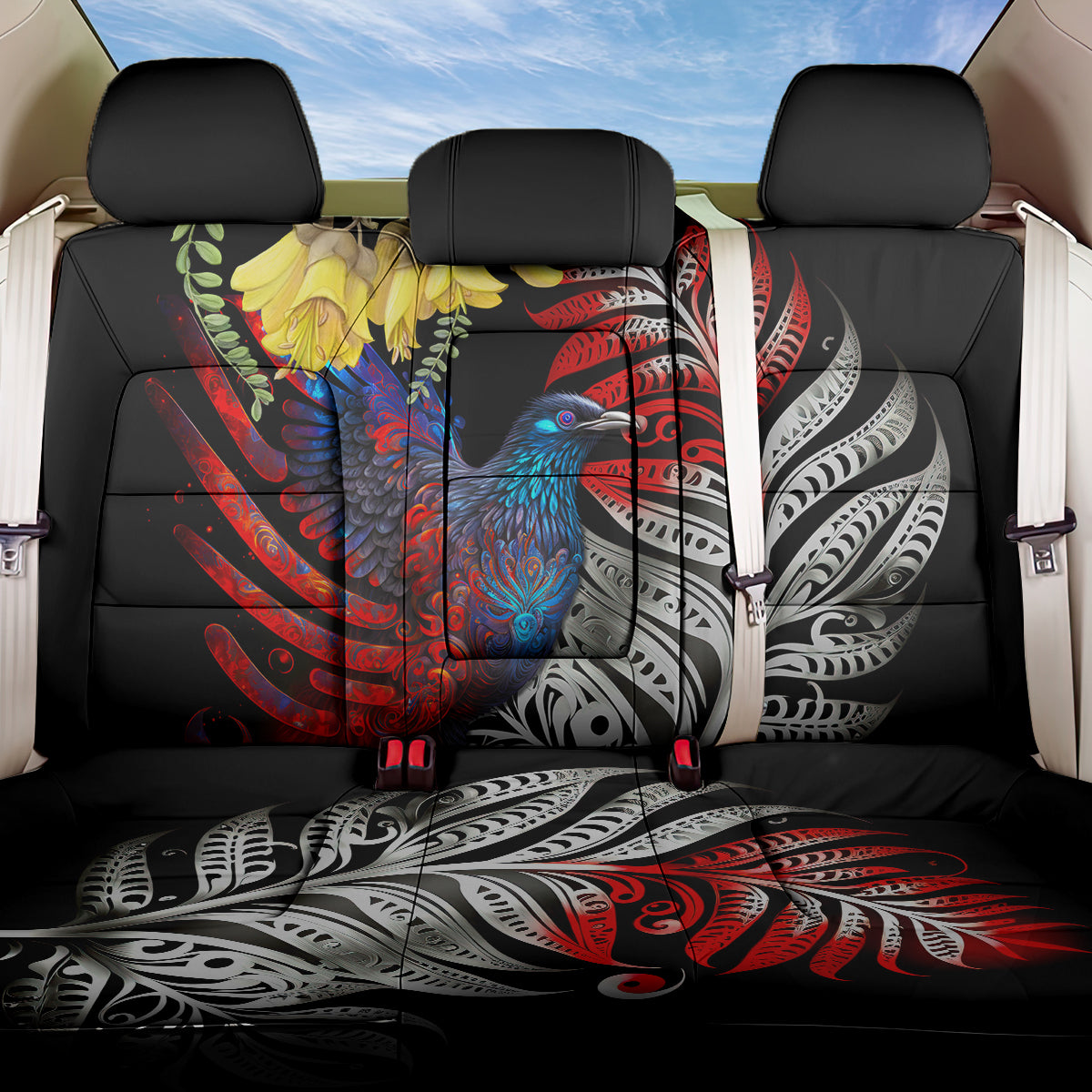 New Zealand Kohwhai Tui Bird Back Car Seat Cover Silver Fern Version LT03 One Size Black - Polynesian Pride