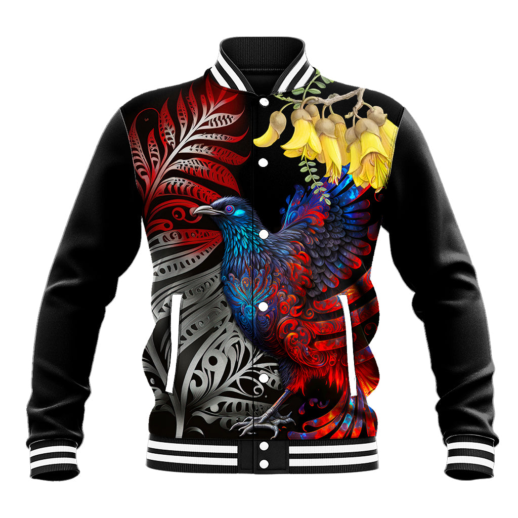 New Zealand Kohwhai Tui Bird Baseball Jacket Silver Fern Version LT03 Unisex Black - Polynesian Pride