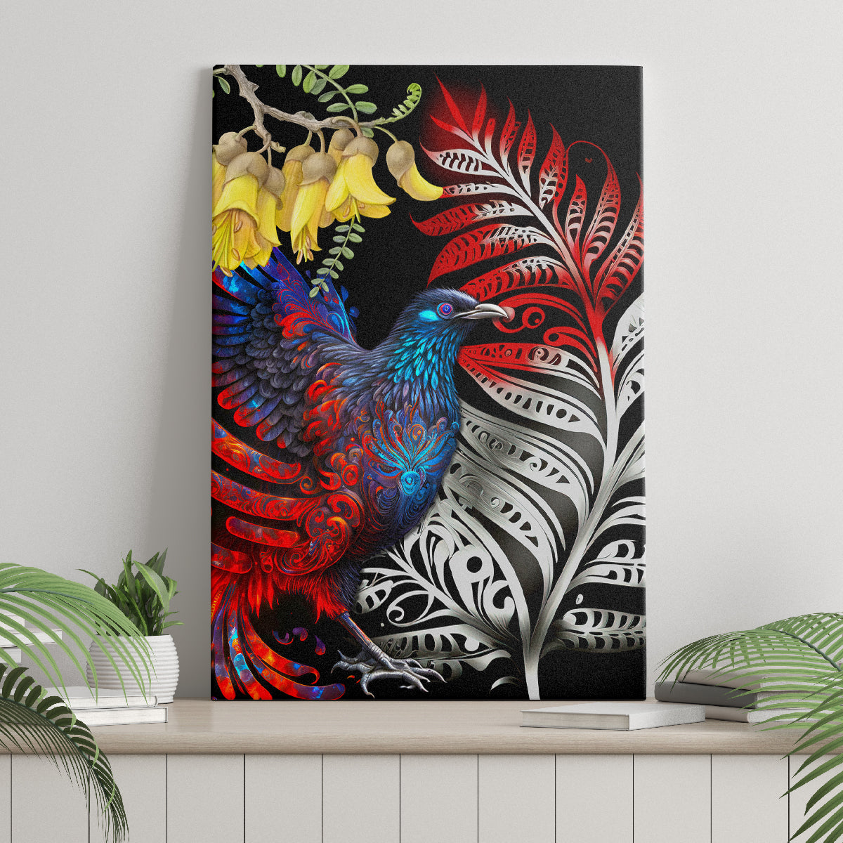 New Zealand Kohwhai Tui Bird Canvas Wall Art Silver Fern Version LT03 - Polynesian Pride