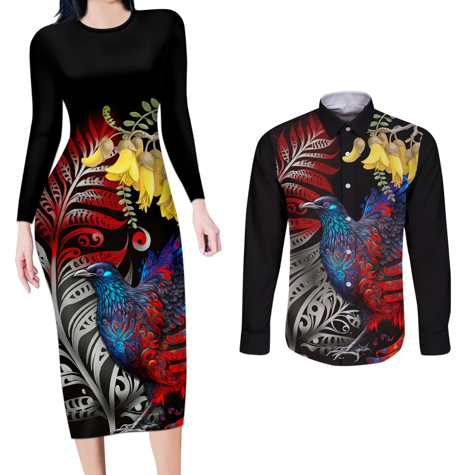New Zealand Kohwhai Tui Bird Couples Matching Long Sleeve Bodycon Dress and Long Sleeve Button Shirt Silver Fern Version LT03 Black - Polynesian Pride