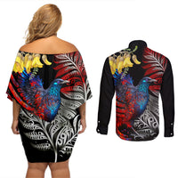New Zealand Kohwhai Tui Bird Couples Matching Off Shoulder Short Dress and Long Sleeve Button Shirt Silver Fern Version LT03 - Polynesian Pride