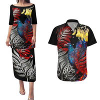 New Zealand Kohwhai Tui Bird Couples Matching Puletasi and Hawaiian Shirt Silver Fern Version LT03 Black - Polynesian Pride