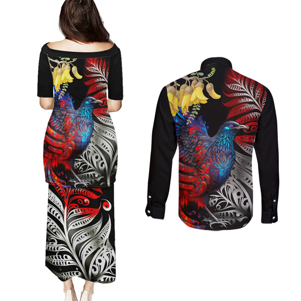 New Zealand Couples Matching Puletasi Dress and Long Sleeve Button Shirts Silver Fern and Hei Tiki with Papua Shell Maori Tribal LT03