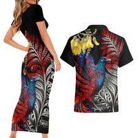 New Zealand Kohwhai Tui Bird Couples Matching Short Sleeve Bodycon Dress and Hawaiian Shirt Silver Fern Version LT03 - Polynesian Pride