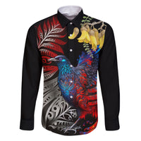 New Zealand Kohwhai Tui Bird Family Matching Long Sleeve Bodycon Dress and Hawaiian Shirt Silver Fern Version LT03 Dad's Shirt - Long Sleeve Black - Polynesian Pride