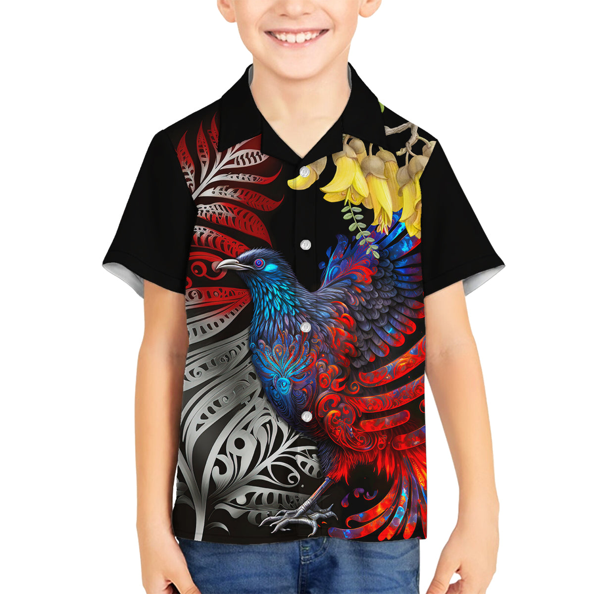 New Zealand Kohwhai Tui Bird Family Matching Off Shoulder Long Sleeve Dress and Hawaiian Shirt Silver Fern Version LT03 Son's Shirt Black - Polynesian Pride