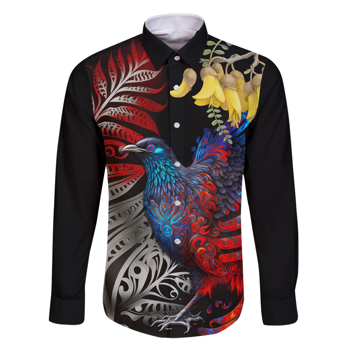 New Zealand Kohwhai Tui Bird Family Matching Summer Maxi Dress and Hawaiian Shirt Silver Fern Version LT03 Dad's Shirt - Long Sleeve Black - Polynesian Pride
