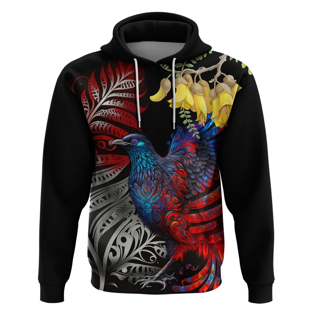 New Zealand Kohwhai Tui Bird Hoodie Silver Fern Version LT03 Pullover Hoodie Black - Polynesian Pride