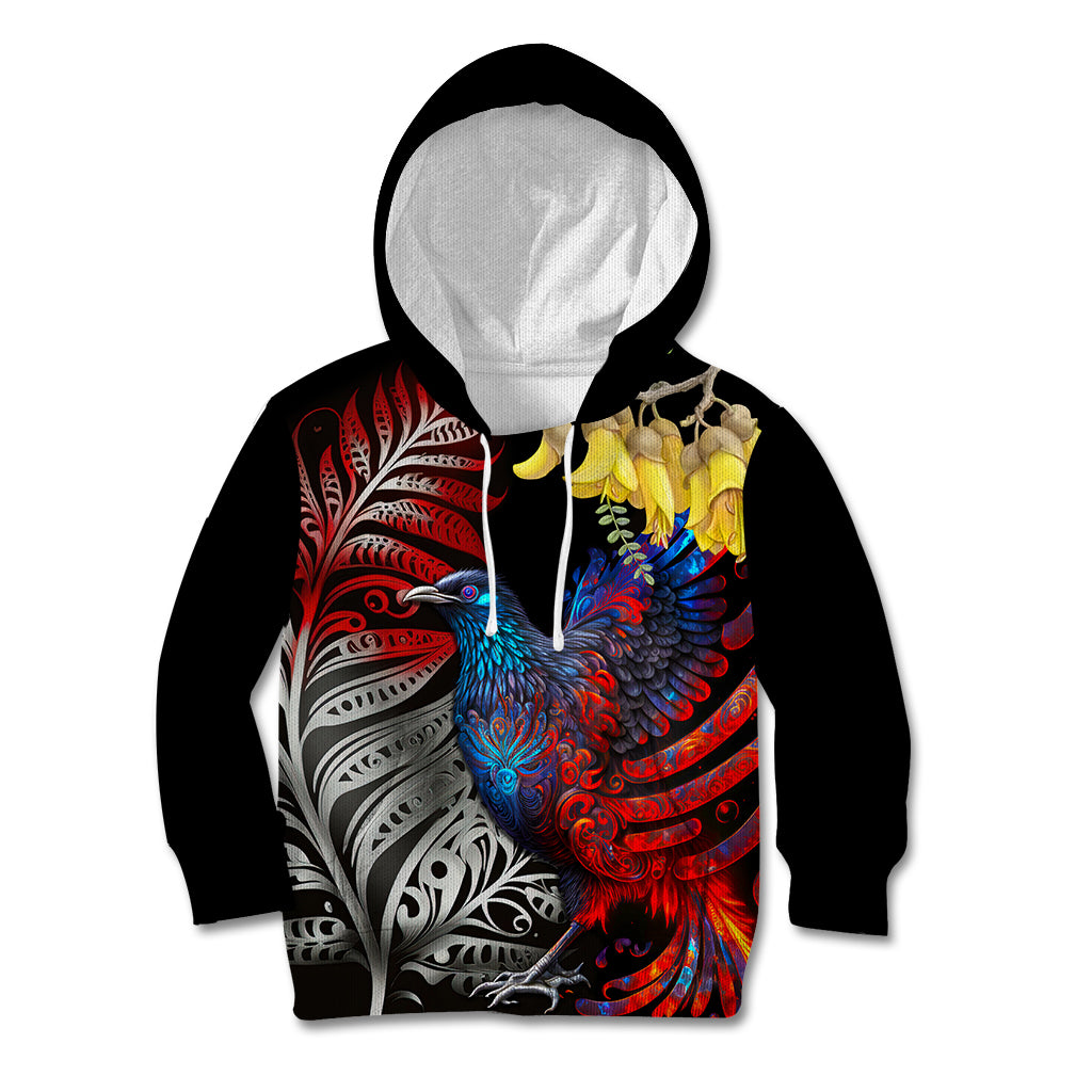 New Zealand Kohwhai Tui Bird Kid Hoodie Silver Fern Version LT03 Hoodie Black - Polynesian Pride