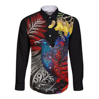 New Zealand Kohwhai Tui Bird Long Sleeve Button Shirt Silver Fern Version LT03 Unisex Black - Polynesian Pride