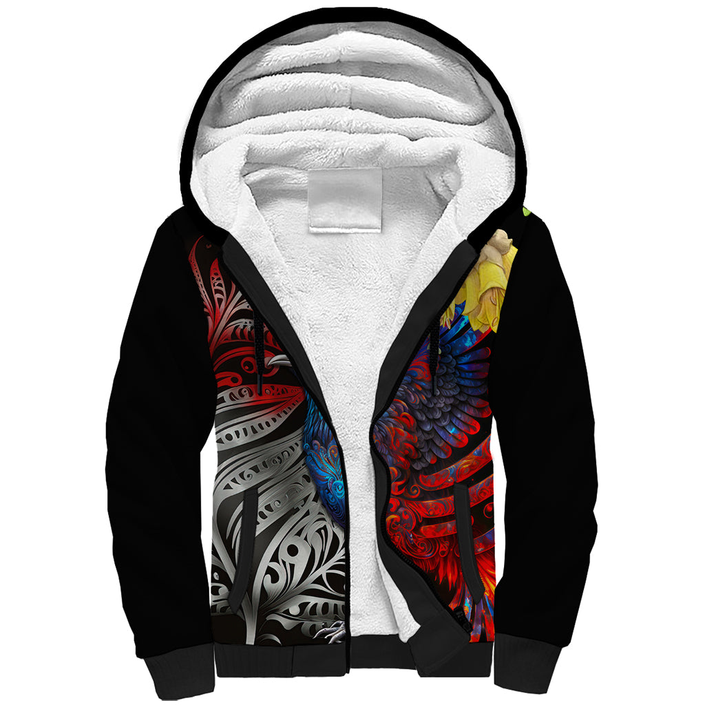 New Zealand Kohwhai Tui Bird Sherpa Hoodie Silver Fern Version LT03 Unisex Black - Polynesian Pride