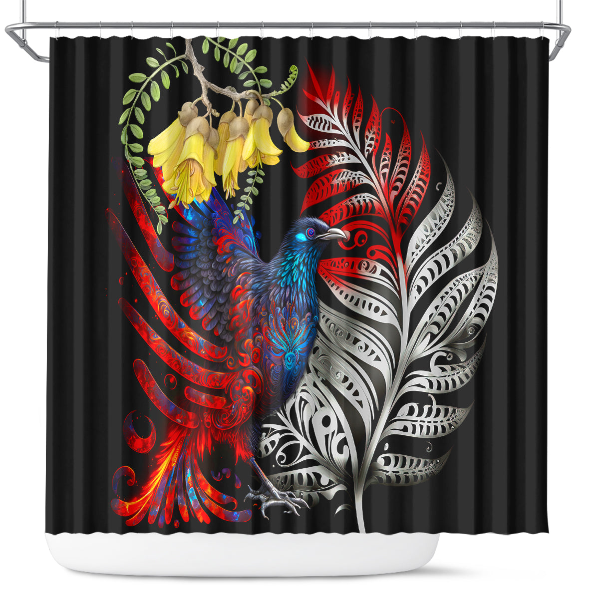 New Zealand Kohwhai Tui Bird Shower Curtain Silver Fern Version LT03 Black - Polynesian Pride