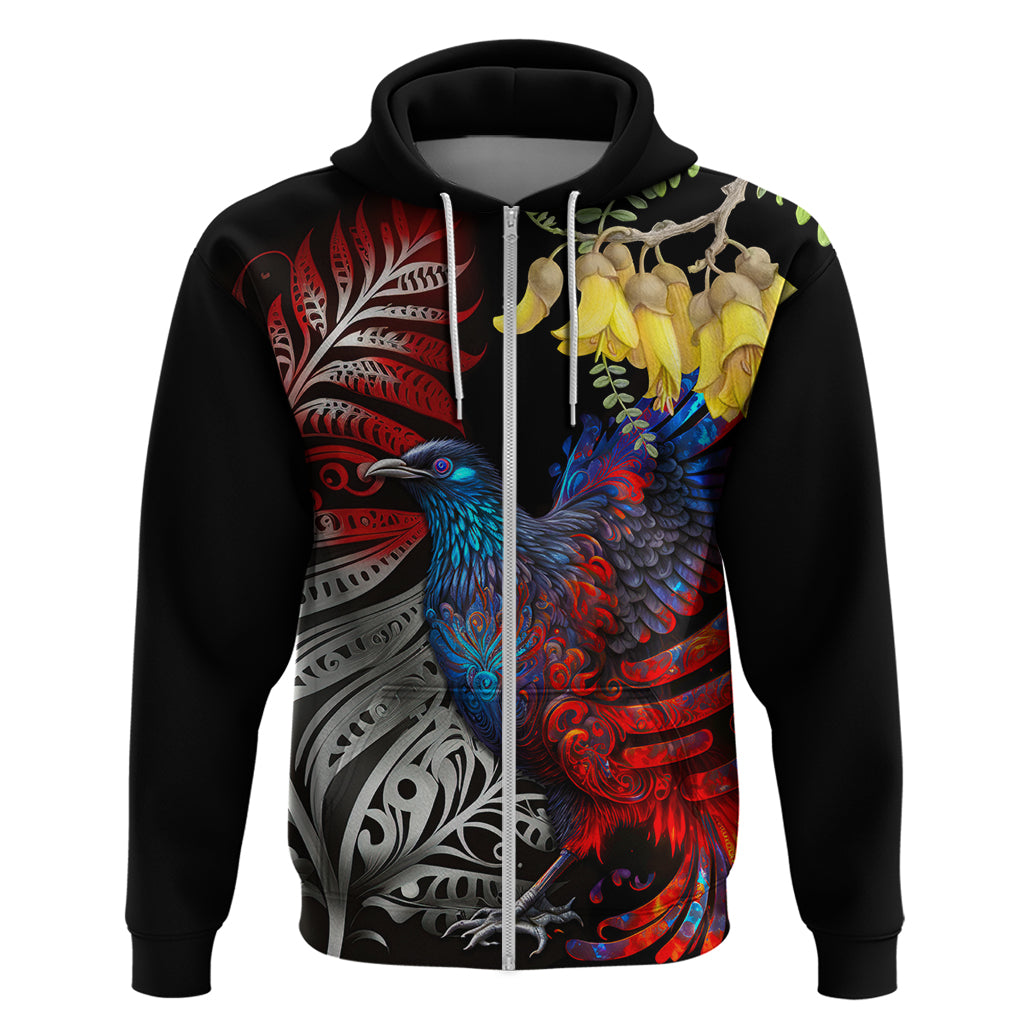New Zealand Kohwhai Tui Bird Zip Hoodie Silver Fern Version LT03 Zip Hoodie Black - Polynesian Pride