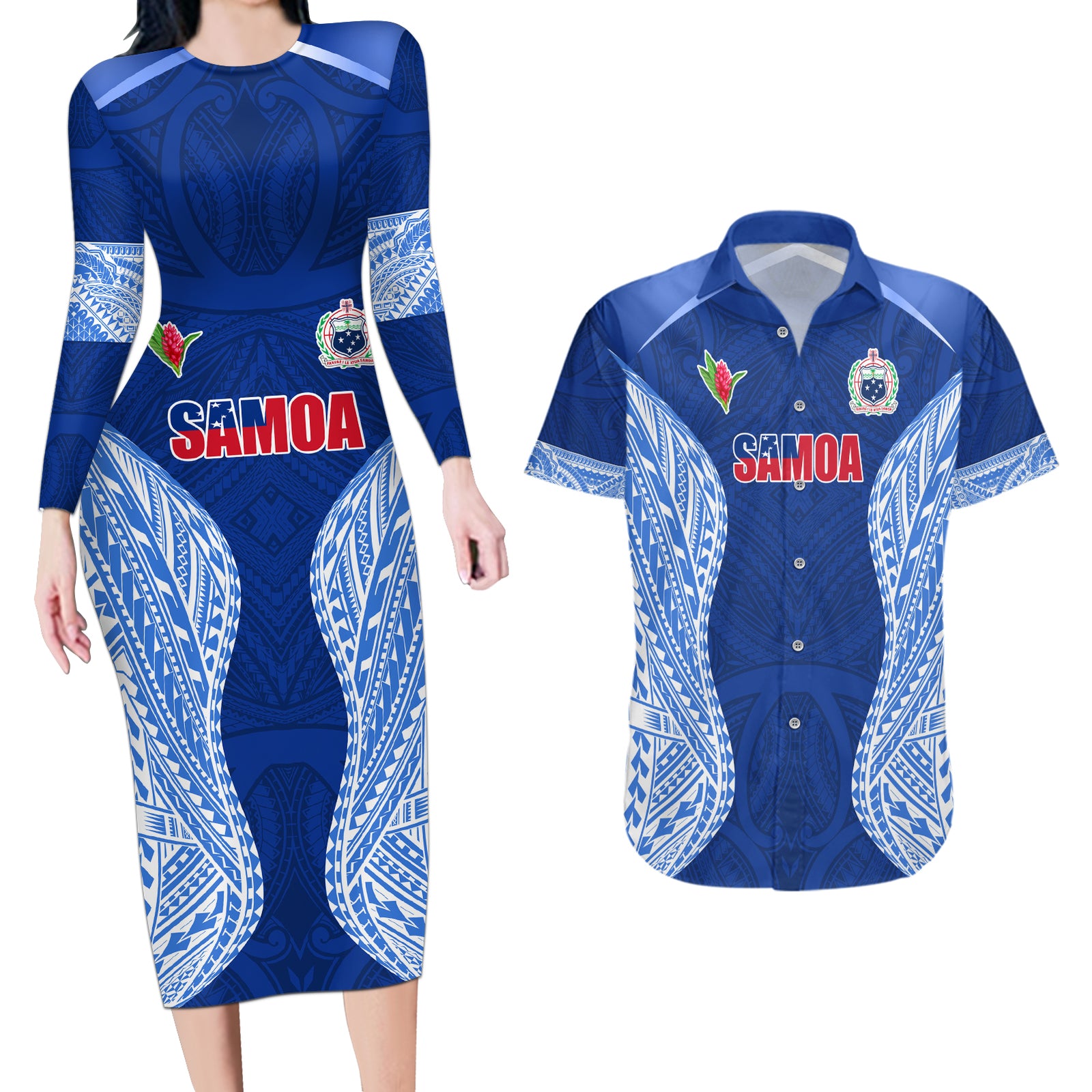 Custom Manu Samoa Rugby Couples Matching Long Sleeve Bodycon Dress and Hawaiian Shirt Polynesian Tattoo LT03 Blue - Polynesian Pride