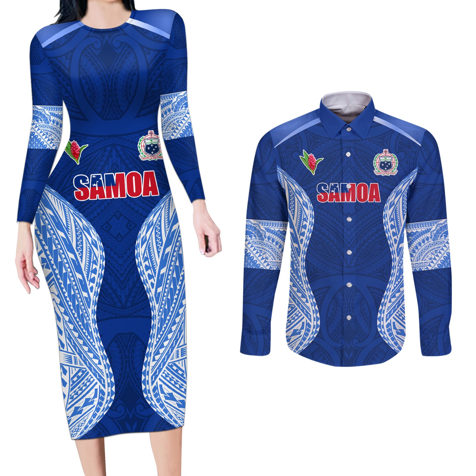 Custom Manu Samoa Rugby Couples Matching Long Sleeve Bodycon Dress and Long Sleeve Button Shirt Polynesian Tattoo LT03 Blue - Polynesian Pride