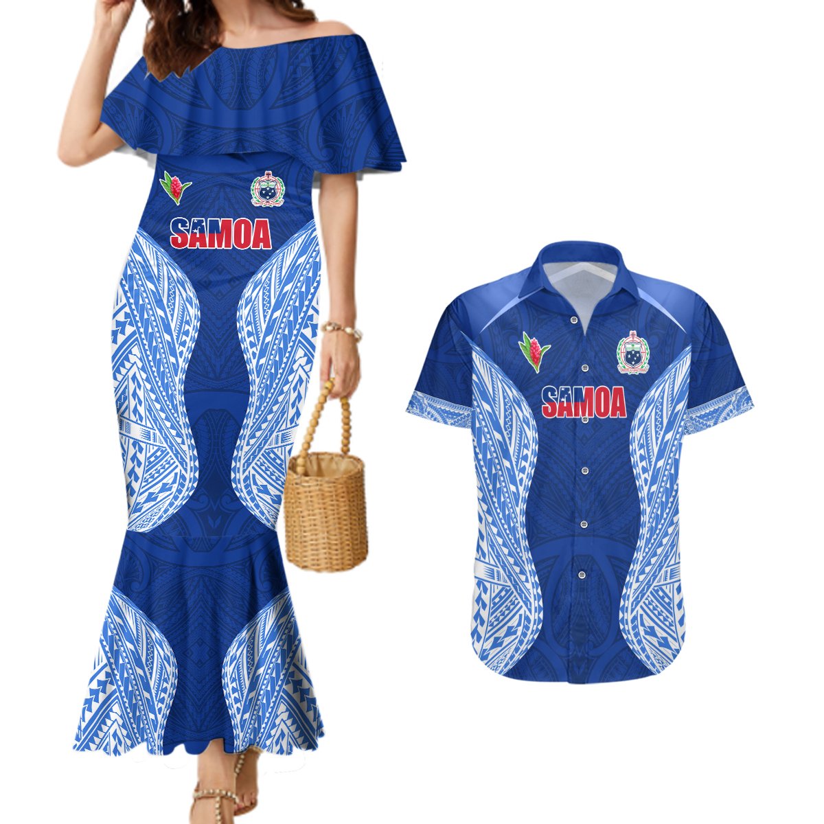 Custom Manu Samoa Rugby Couples Matching Mermaid Dress and Hawaiian Shirt Polynesian Tattoo LT03 Blue - Polynesian Pride