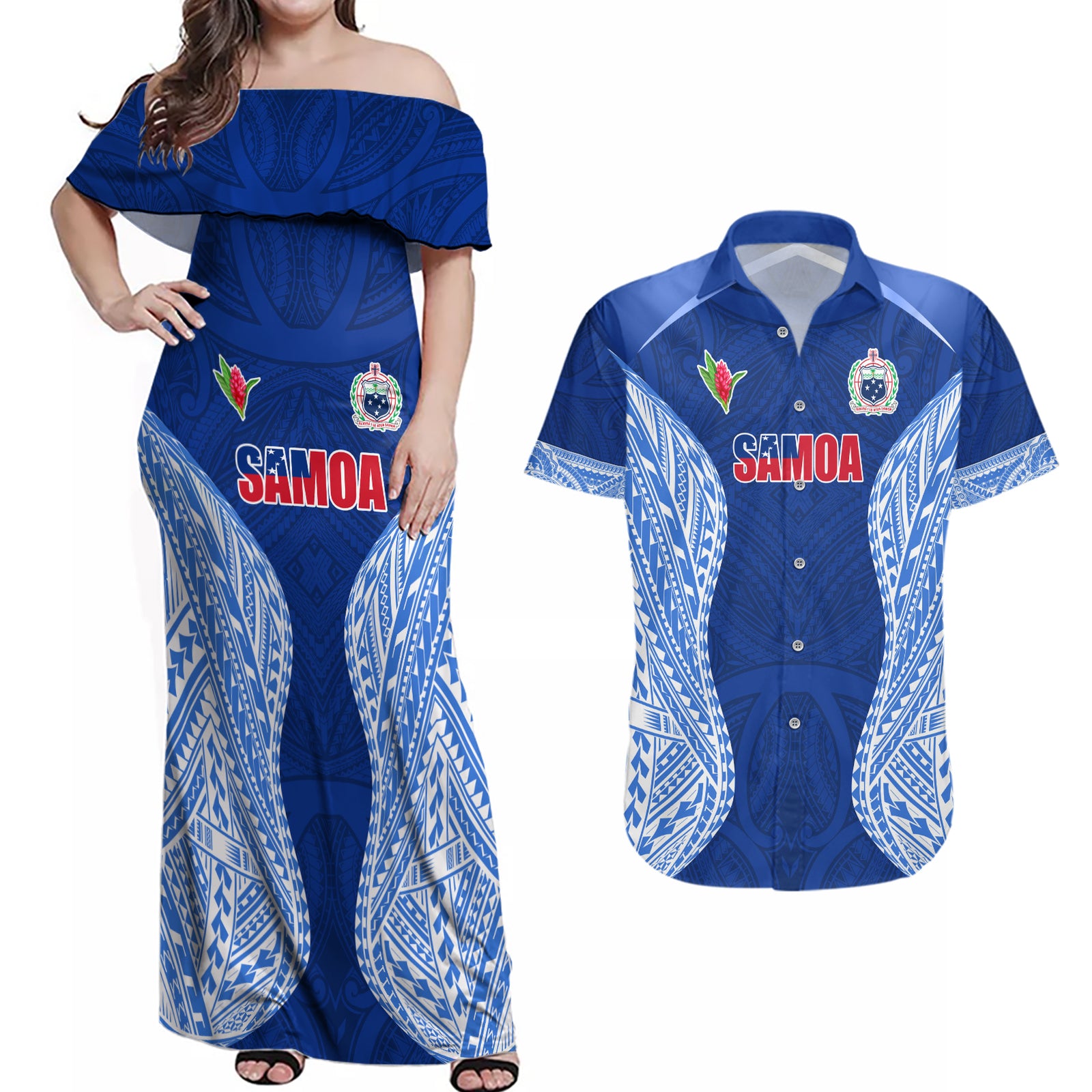 Custom Manu Samoa Rugby Couples Matching Off Shoulder Maxi Dress and Hawaiian Shirt Polynesian Tattoo LT03 Blue - Polynesian Pride