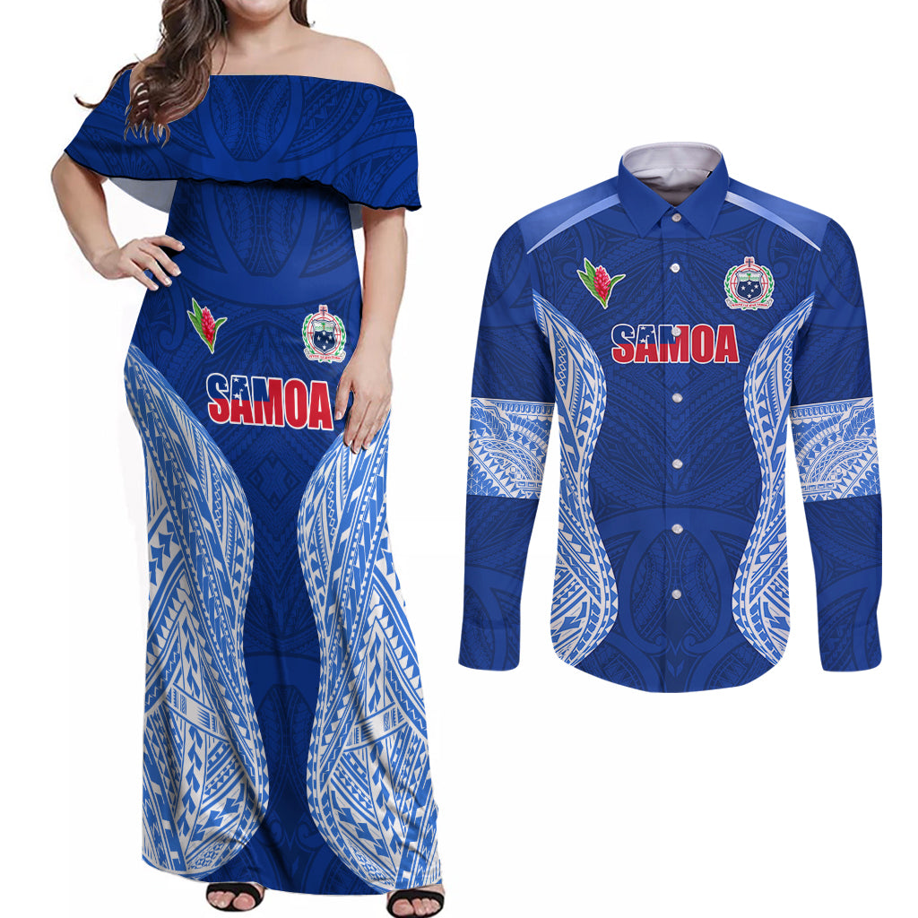 Custom Manu Samoa Rugby Couples Matching Off Shoulder Maxi Dress and Long Sleeve Button Shirt Polynesian Tattoo LT03 Blue - Polynesian Pride