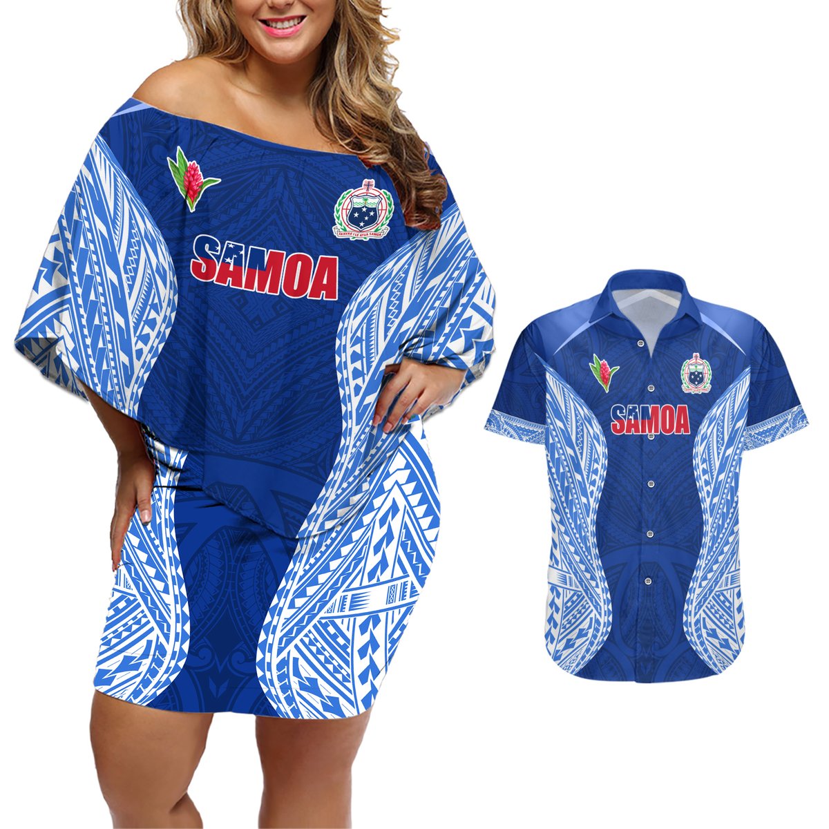 Custom Manu Samoa Rugby Couples Matching Off Shoulder Short Dress and Hawaiian Shirt Polynesian Tattoo LT03 Blue - Polynesian Pride
