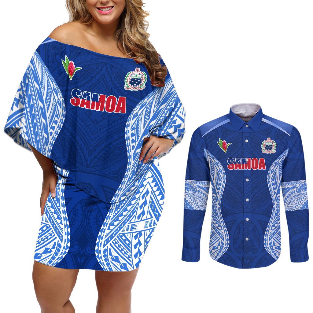 Custom Manu Samoa Rugby Couples Matching Off Shoulder Short Dress and Long Sleeve Button Shirt Polynesian Tattoo LT03 Blue - Polynesian Pride