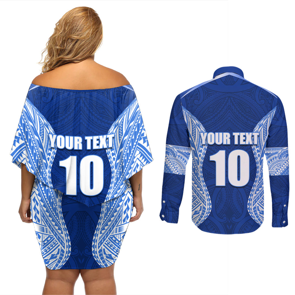 Custom Manu Samoa Rugby Couples Matching Off Shoulder Short Dress and Long Sleeve Button Shirt Polynesian Tattoo LT03