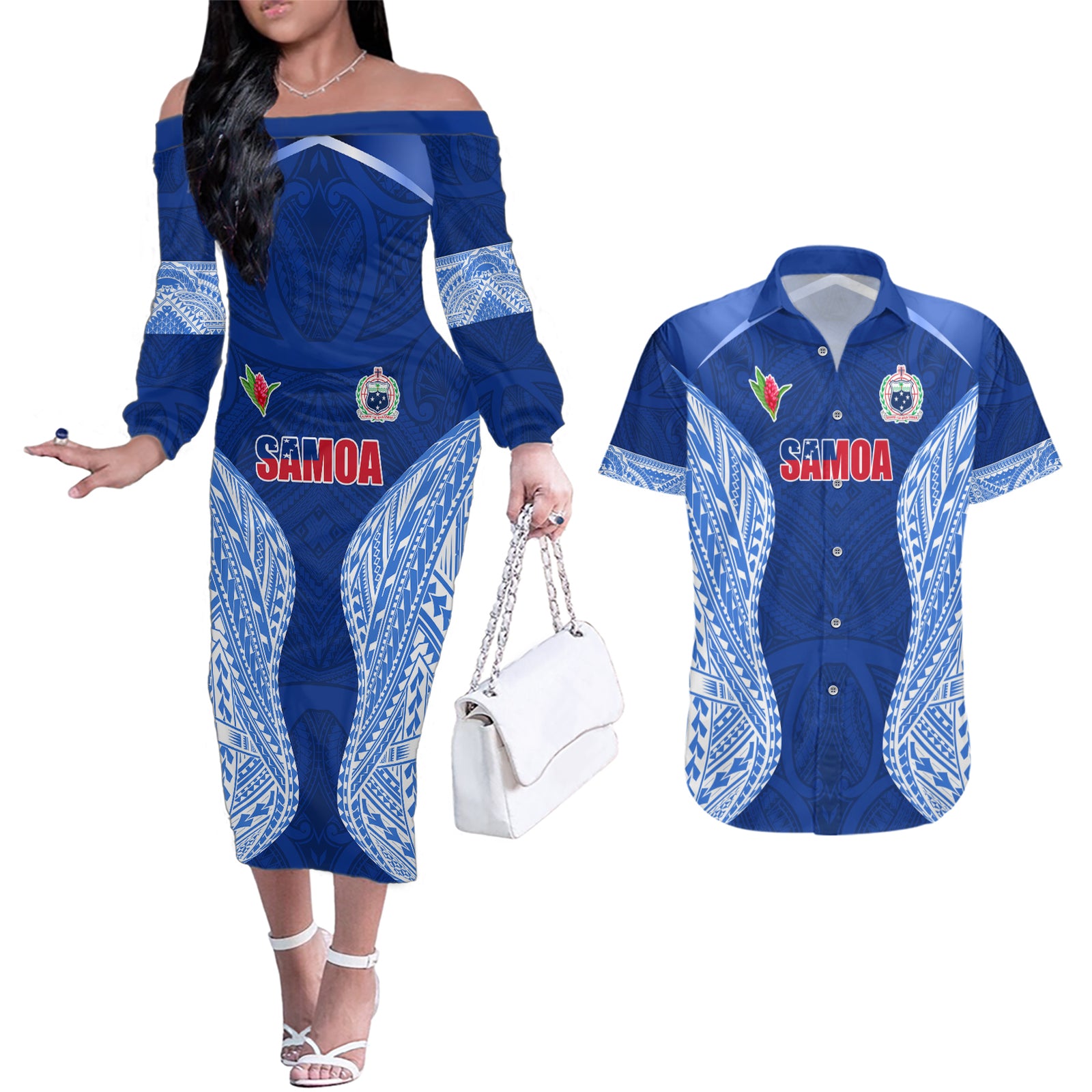 Custom Manu Samoa Rugby Couples Matching Off The Shoulder Long Sleeve Dress and Hawaiian Shirt Polynesian Tattoo LT03 Blue - Polynesian Pride