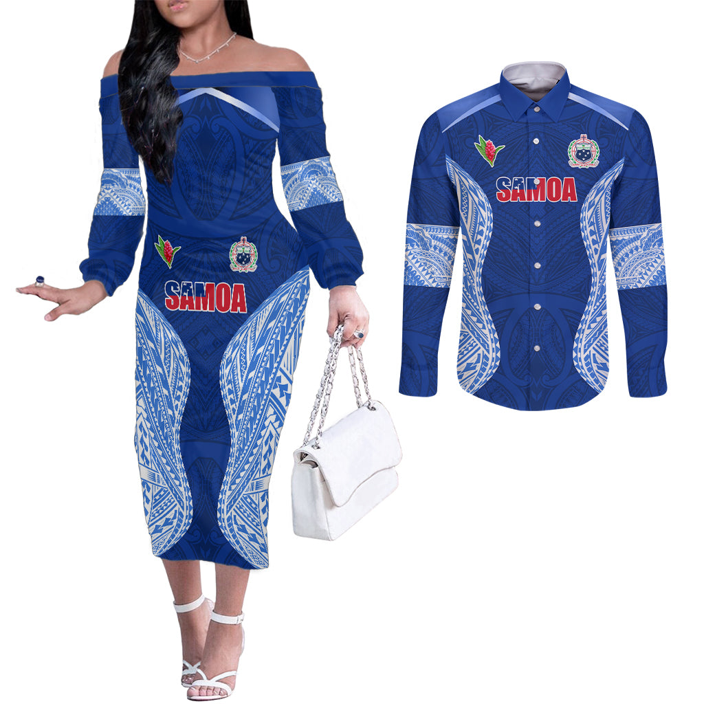 Custom Manu Samoa Rugby Couples Matching Off The Shoulder Long Sleeve Dress and Long Sleeve Button Shirt Polynesian Tattoo LT03 Blue - Polynesian Pride