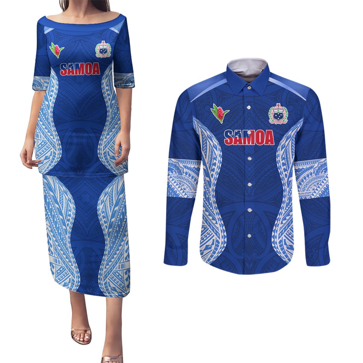 Custom Manu Samoa Rugby Couples Matching Puletasi and Long Sleeve Button Shirt Polynesian Tattoo LT03 Blue - Polynesian Pride