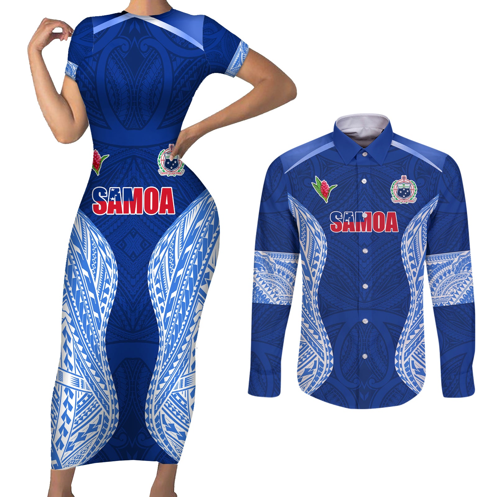 Custom Manu Samoa Rugby Couples Matching Short Sleeve Bodycon Dress and Long Sleeve Button Shirt Polynesian Tattoo LT03 Blue - Polynesian Pride