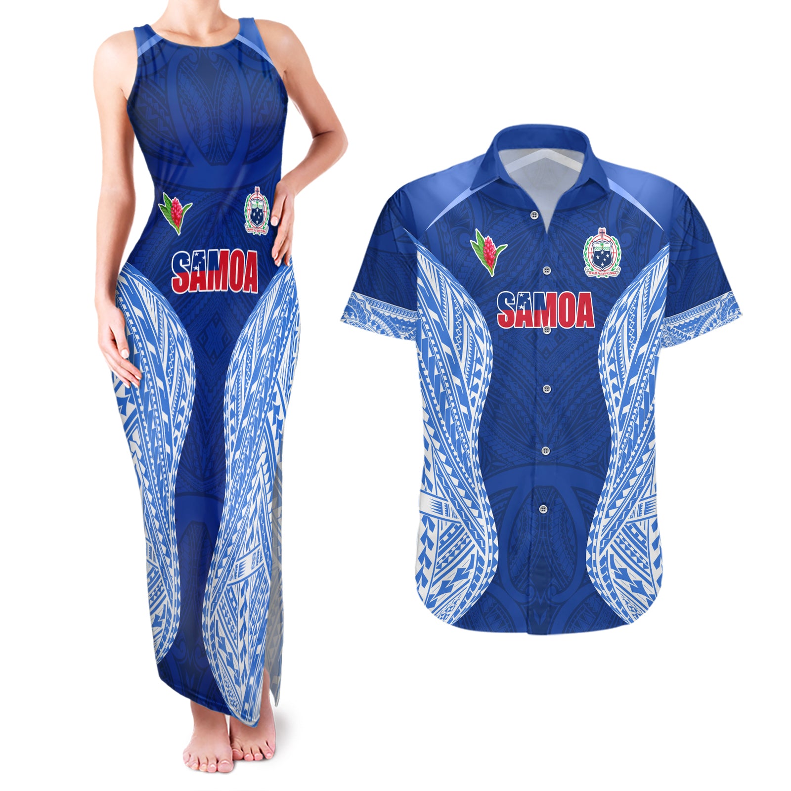 Custom Manu Samoa Rugby Couples Matching Tank Maxi Dress and Hawaiian Shirt Polynesian Tattoo LT03 Blue - Polynesian Pride