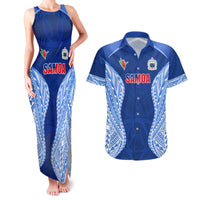 Custom Manu Samoa Rugby Couples Matching Tank Maxi Dress and Hawaiian Shirt Polynesian Tattoo LT03 Blue - Polynesian Pride
