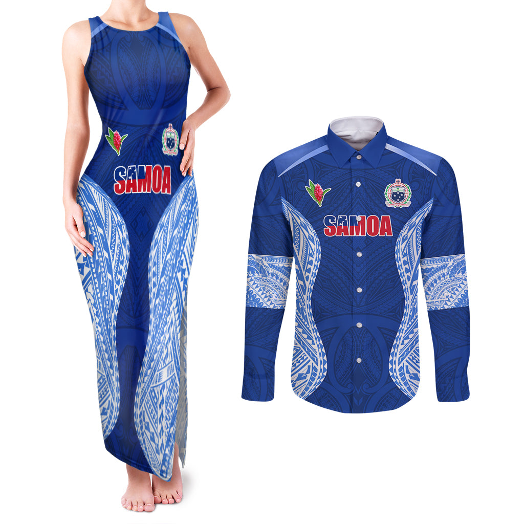 Custom Manu Samoa Rugby Couples Matching Tank Maxi Dress and Long Sleeve Button Shirt Polynesian Tattoo LT03 Blue - Polynesian Pride
