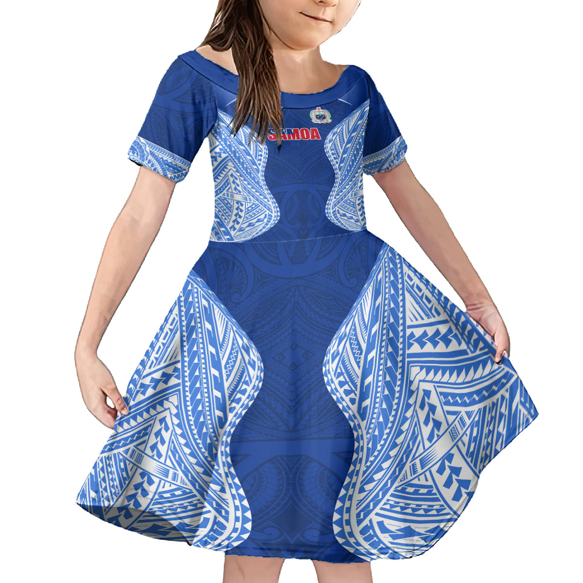 Custom Manu Samoa Rugby Family Matching Long Sleeve Bodycon Dress and Hawaiian Shirt Polynesian Tattoo LT03 Daughter's Dress Blue - Polynesian Pride