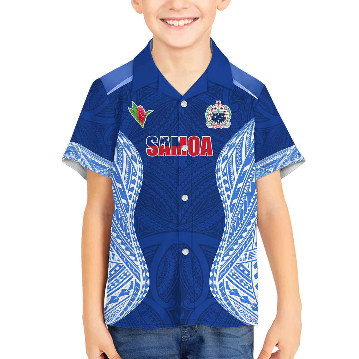 Custom Manu Samoa Rugby Family Matching Long Sleeve Bodycon Dress and Hawaiian Shirt Polynesian Tattoo LT03 Son's Shirt Blue - Polynesian Pride