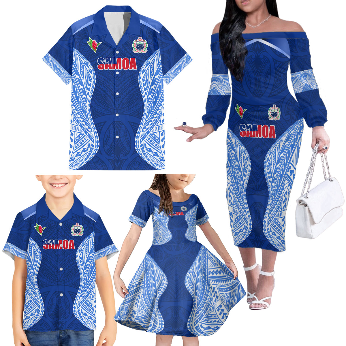 Custom Manu Samoa Rugby Family Matching Off The Shoulder Long Sleeve Dress and Hawaiian Shirt Polynesian Tattoo LT03 - Polynesian Pride