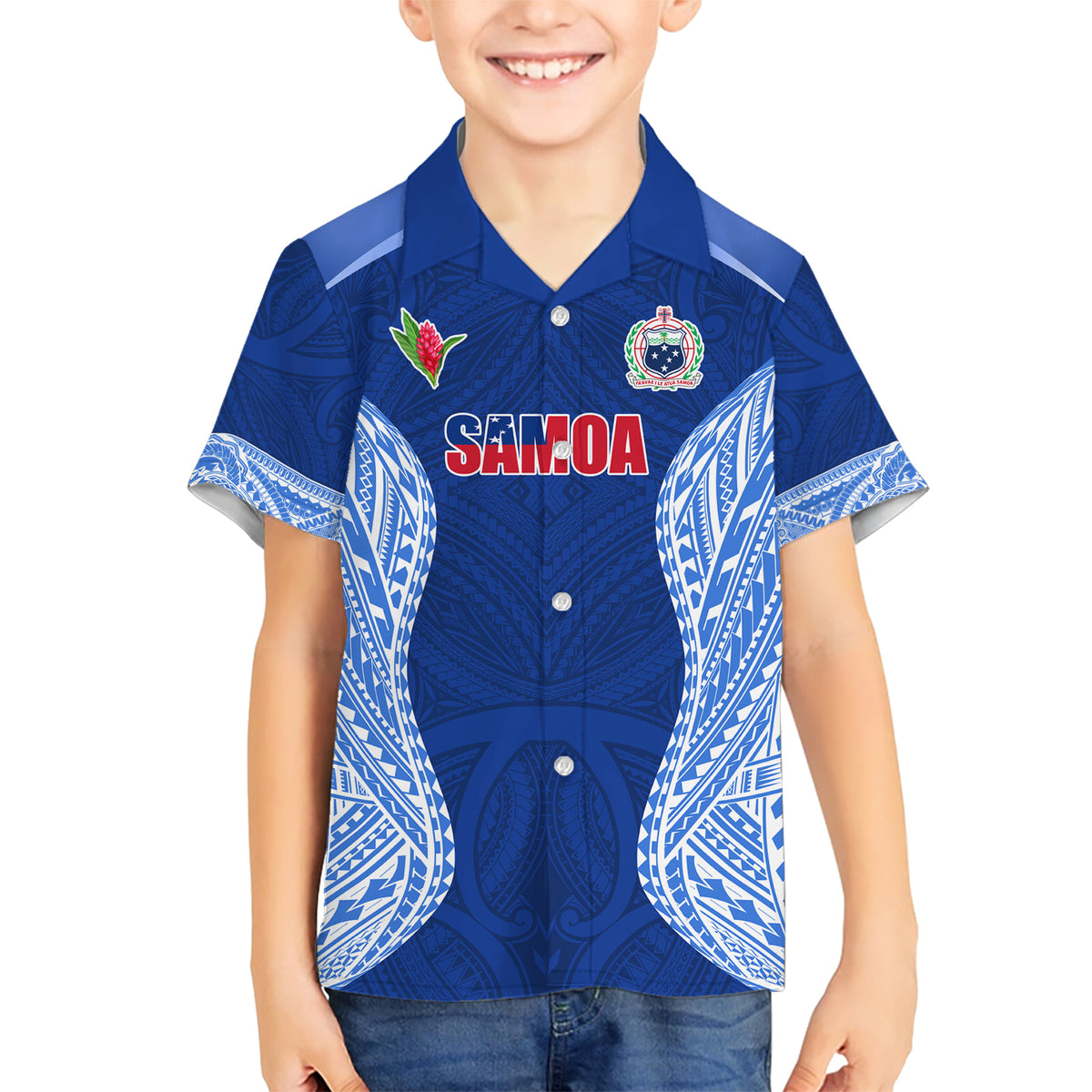 Custom Manu Samoa Rugby Kid Hawaiian Shirt Polynesian Tattoo LT03 Kid Blue - Polynesian Pride