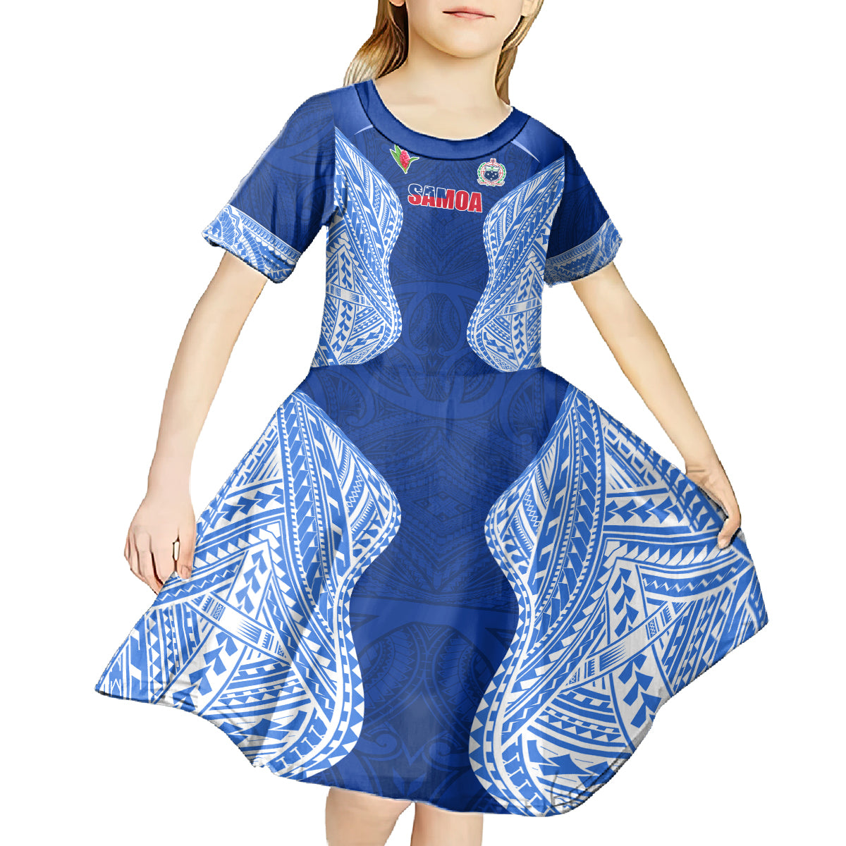 Custom Manu Samoa Rugby Kid Short Sleeve Dress Polynesian Tattoo LT03 - Polynesian Pride
