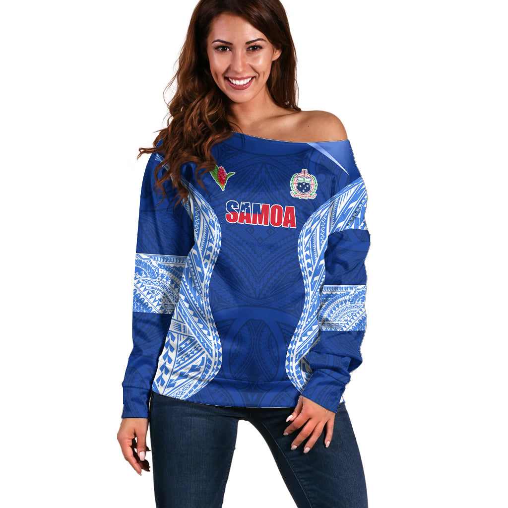 Custom Manu Samoa Rugby Off Shoulder Sweater Polynesian Tattoo LT03 Women Blue - Polynesian Pride