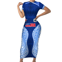 Custom Manu Samoa Rugby Short Sleeve Bodycon Dress Polynesian Tattoo LT03 Long Dress Blue - Polynesian Pride