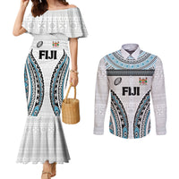Custom Flying Fijians Rugby Couples Matching Mermaid Dress and Long Sleeve Button Shirt Tapa Tribal Cloth LT03 White - Polynesian Pride
