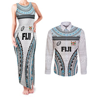Custom Flying Fijians Rugby Couples Matching Tank Maxi Dress and Long Sleeve Button Shirt Tapa Tribal Cloth LT03 White - Polynesian Pride