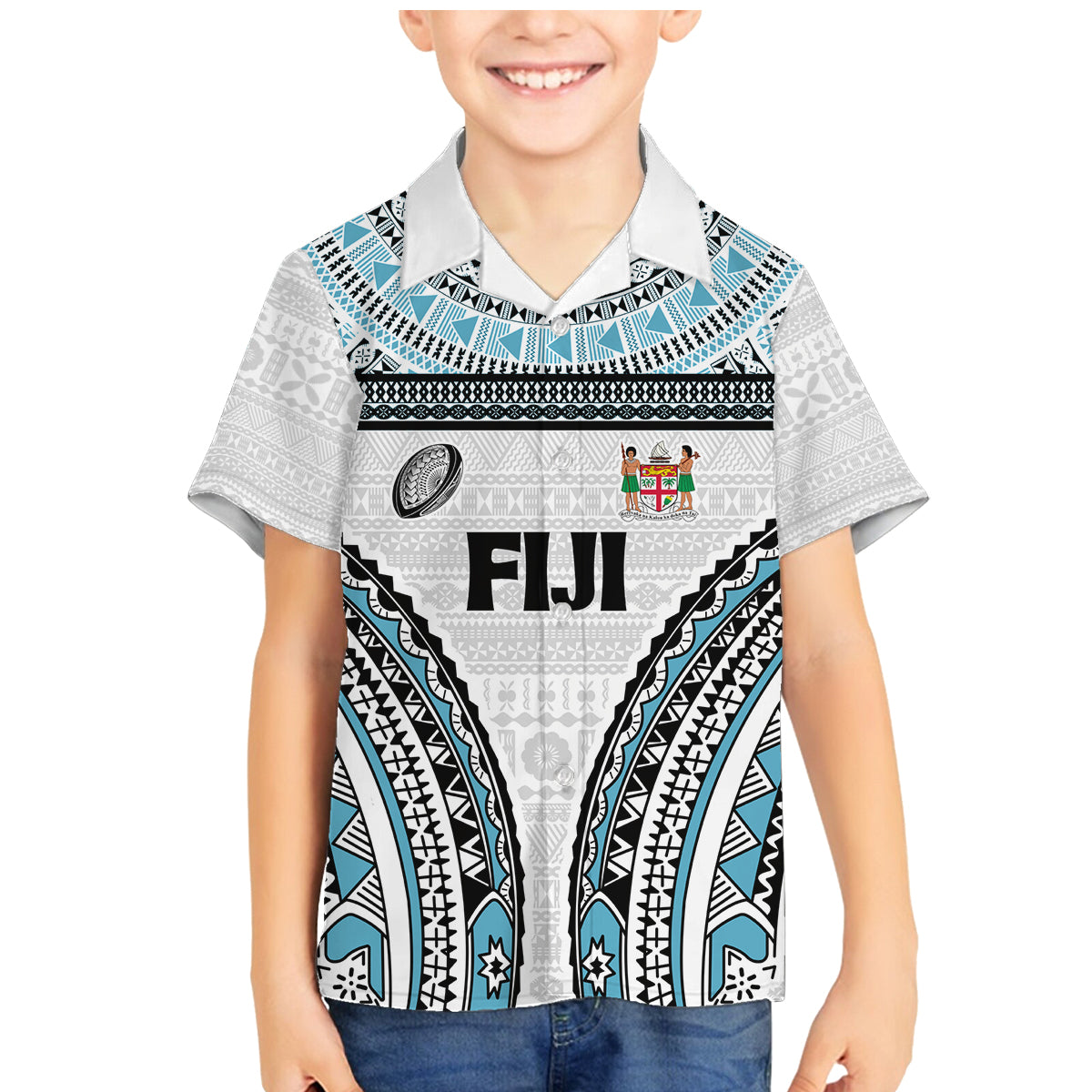 Custom Flying Fijians Rugby Family Matching Mermaid Dress and Hawaiian Shirt Tapa Tribal Cloth LT03 Son's Shirt White - Polynesian Pride