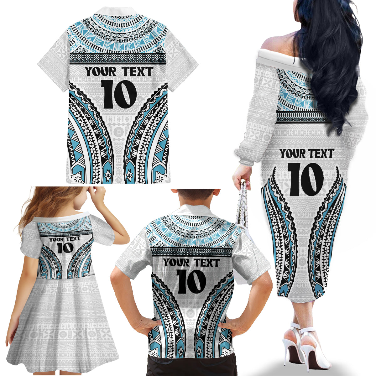 Custom Flying Fijians Rugby Family Matching Off The Shoulder Long Sleeve Dress and Hawaiian Shirt Tapa Tribal Cloth LT03 - Polynesian Pride