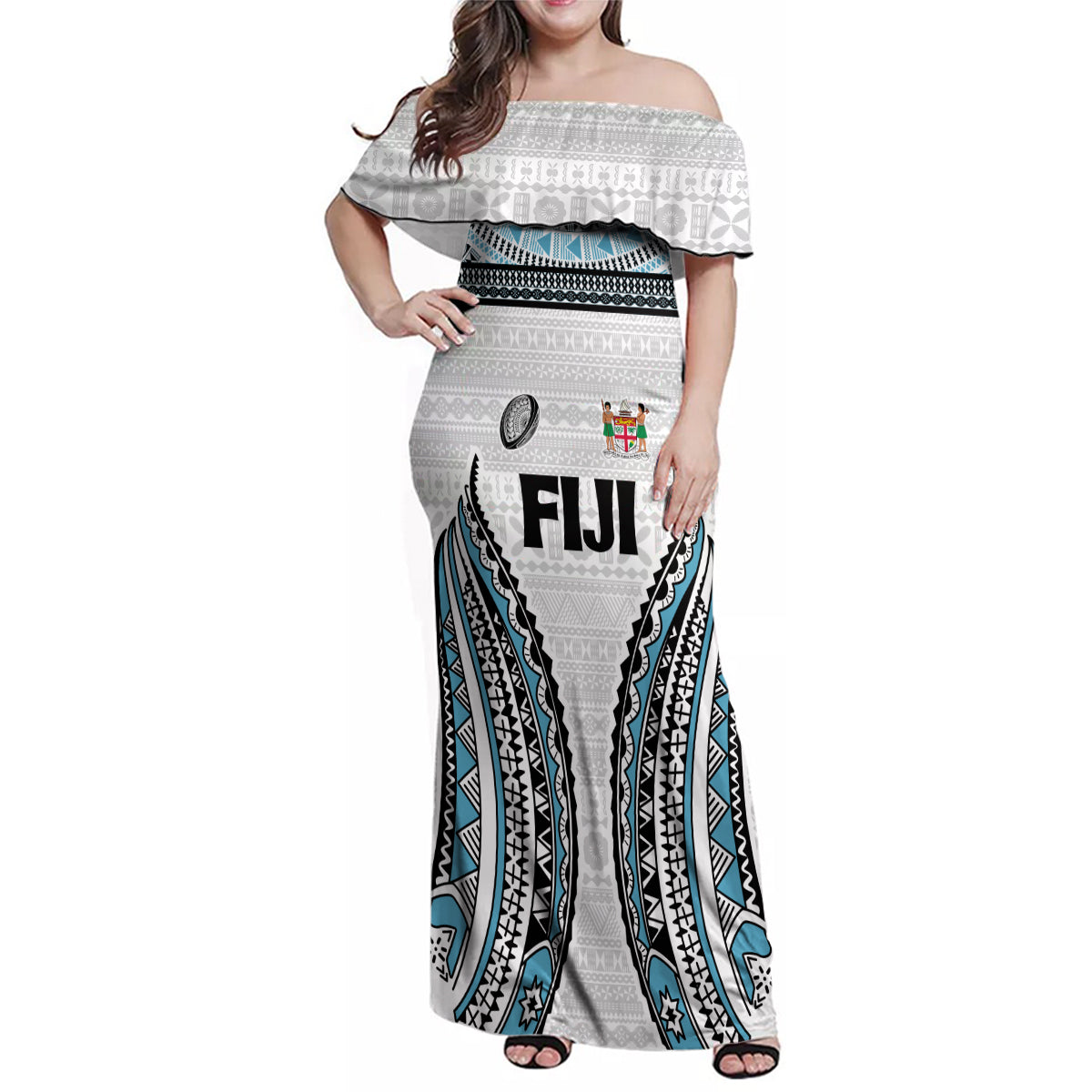 Custom Flying Fijians Rugby Family Matching Off Shoulder Maxi Dress and Hawaiian Shirt Tapa Tribal Cloth LT03 Mom's Dress White - Polynesian Pride