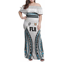 Custom Flying Fijians Rugby Family Matching Off Shoulder Maxi Dress and Hawaiian Shirt Tapa Tribal Cloth LT03 Mom's Dress White - Polynesian Pride