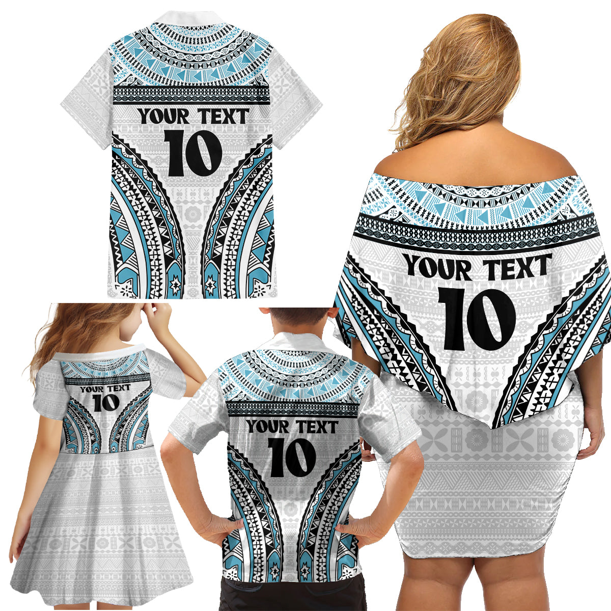 Custom Flying Fijians Rugby Family Matching Off Shoulder Short Dress and Hawaiian Shirt Tapa Tribal Cloth LT03 - Polynesian Pride